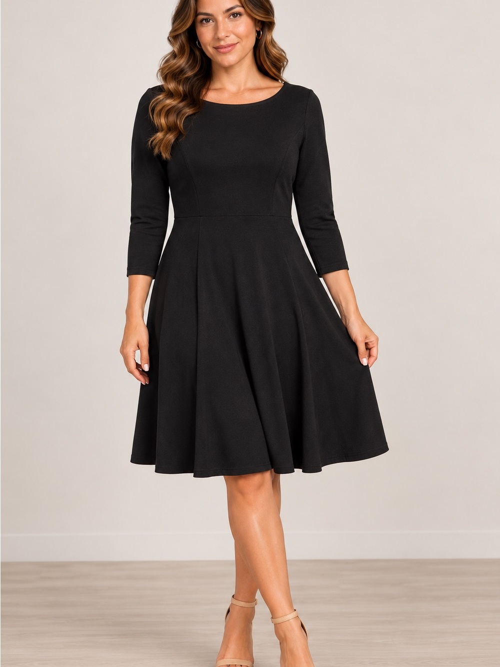 Classic Black Fit-and-Flare Dress with 3/4 Sleeves